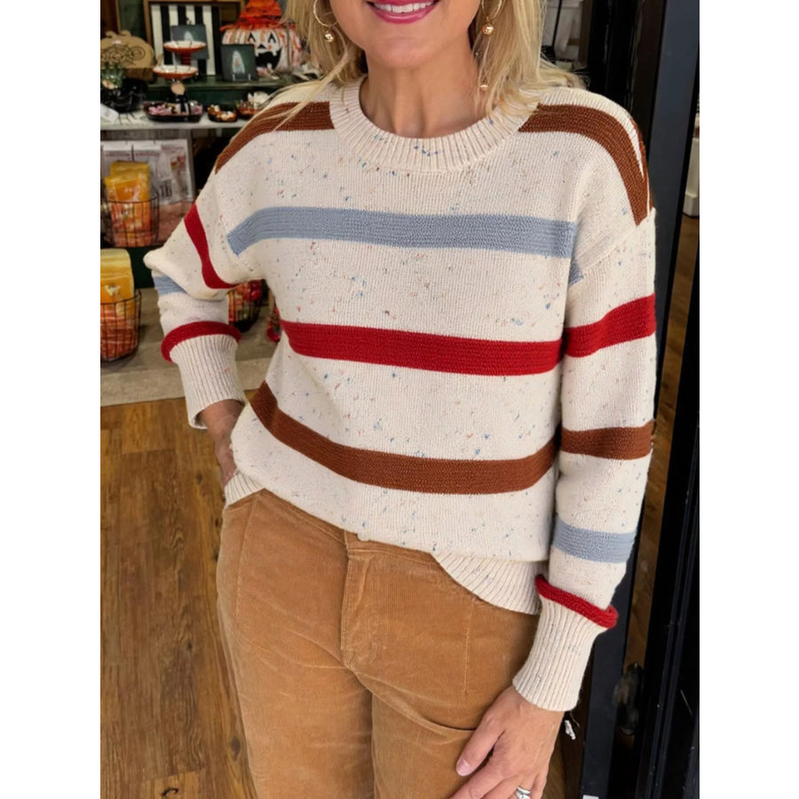Striped Crew Neck Long Sleeve Sweater Beige / S Apparel and Accessories
