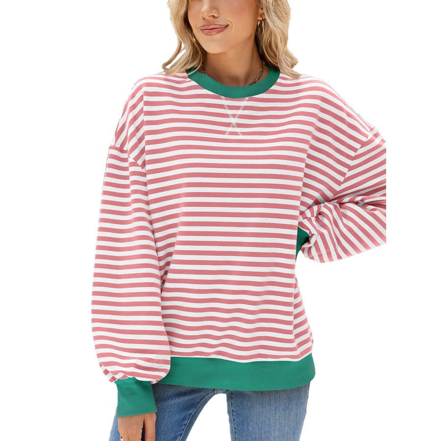 Striped Crew Neck Long Sleeve Sweatshirt Blush Pink / S Apparel and Accessories