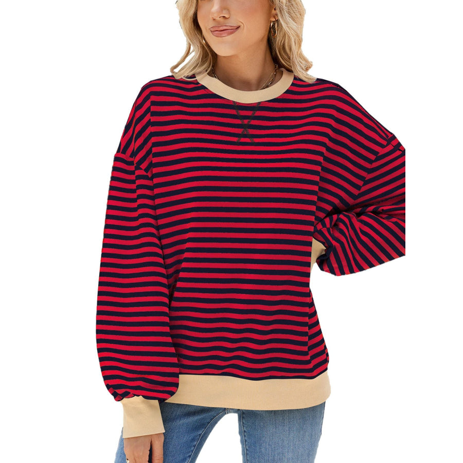 Striped Crew Neck Long Sleeve Sweatshirt Burgundy / S Apparel and Accessories