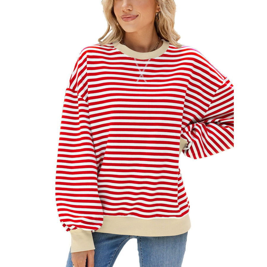 Striped Crew Neck Long Sleeve Sweatshirt Coral / S Apparel and Accessories