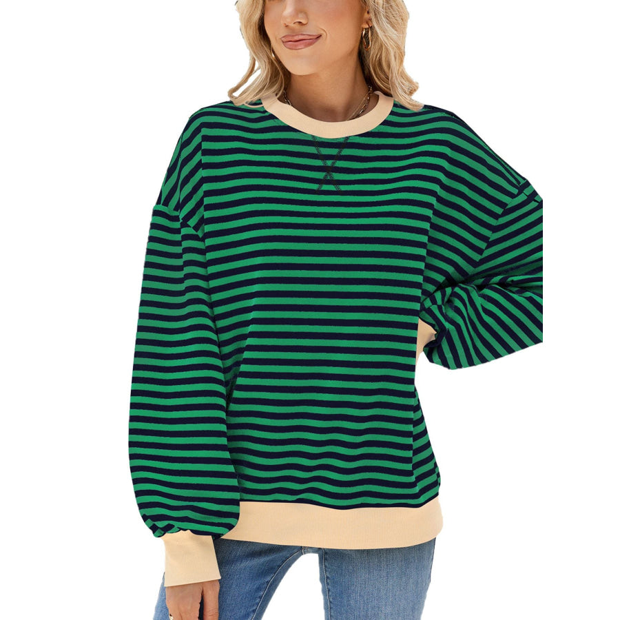 Striped Crew Neck Long Sleeve Sweatshirt Dark Green / S Apparel and Accessories