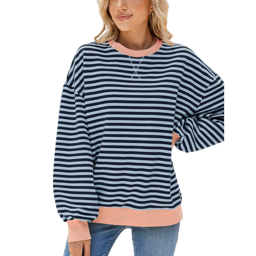 Striped Crew Neck Long Sleeve Sweatshirt Dusty Blue / S Apparel and Accessories