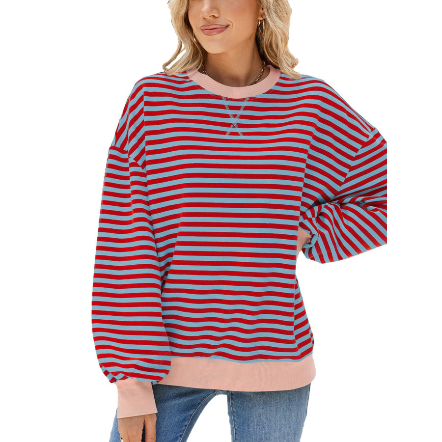 Striped Crew Neck Long Sleeve Sweatshirt Dusty Pink / S Apparel and Accessories