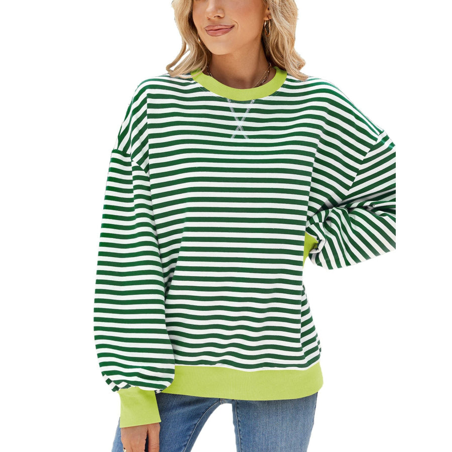 Striped Crew Neck Long Sleeve Sweatshirt Gum Leaf / S Apparel and Accessories