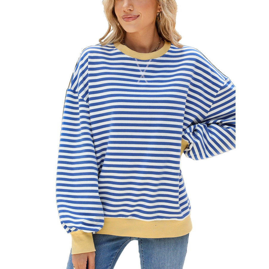 Striped Crew Neck Long Sleeve Sweatshirt Light Blue / S Apparel and Accessories