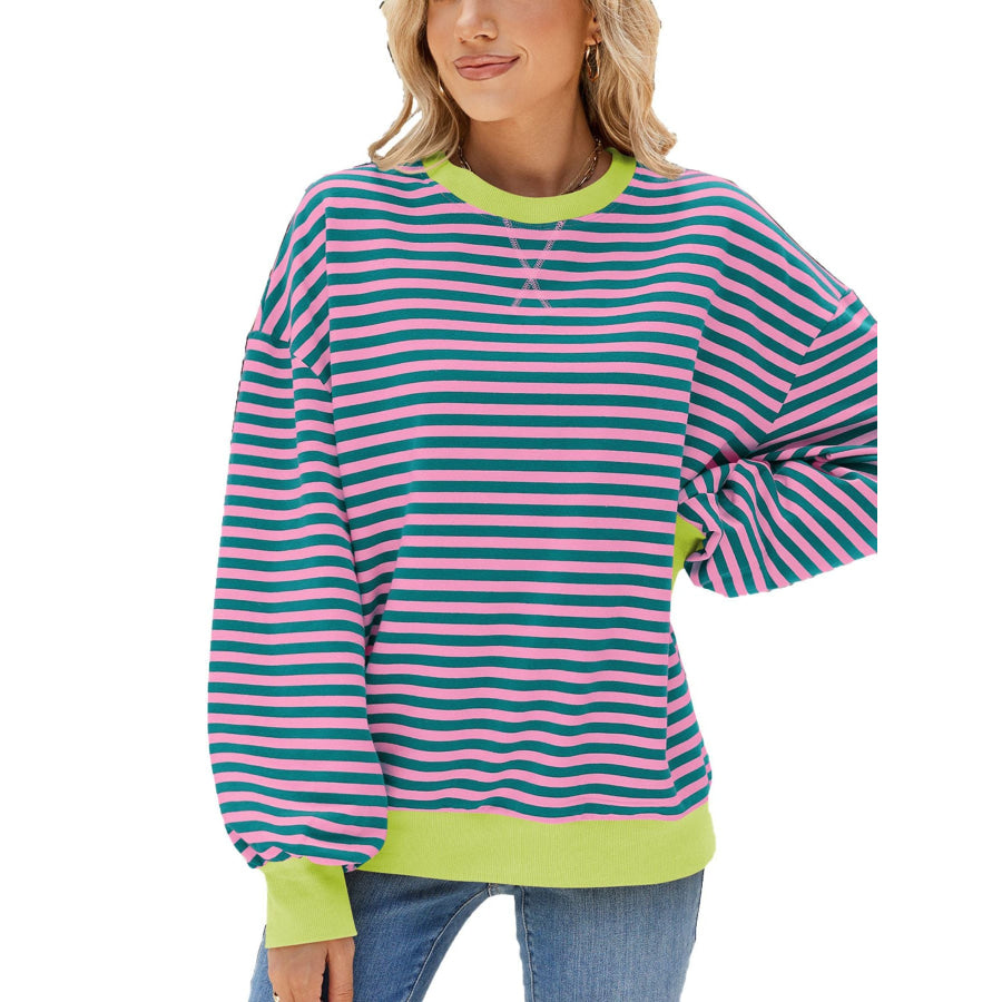 Striped Crew Neck Long Sleeve Sweatshirt Lilac / S Apparel and Accessories