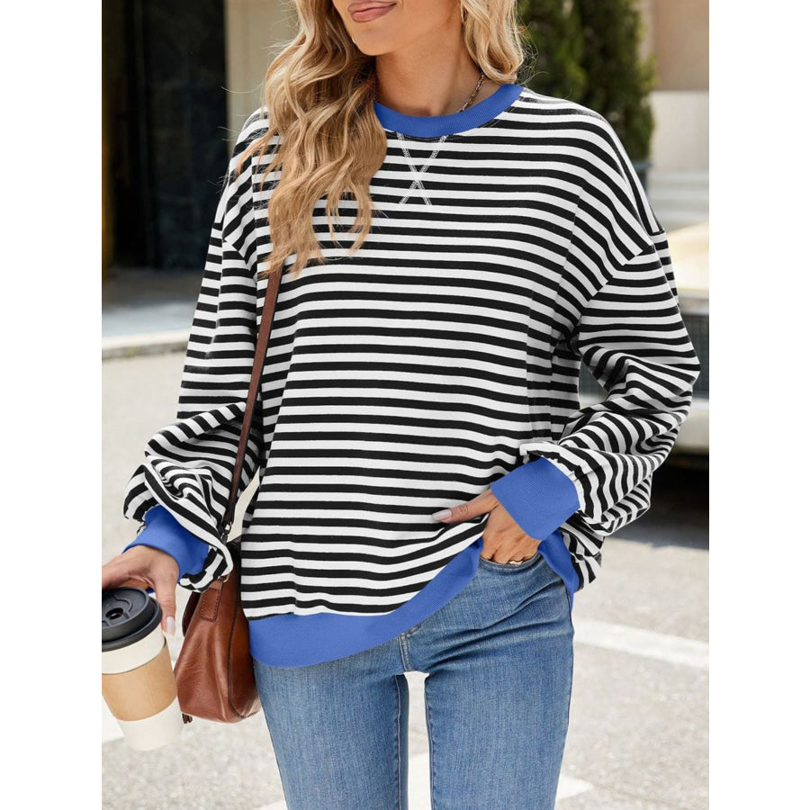 Striped Crew Neck Long Sleeve Sweatshirt Royal Blue / S Apparel and Accessories