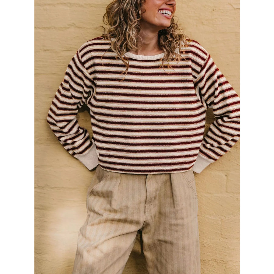 Striped Crew Neck Sweater Apricot / S Apparel and Accessories