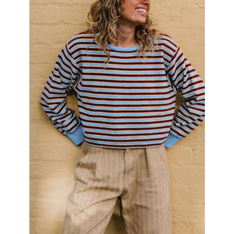 Striped Crew Neck Sweater Blue / S Apparel and Accessories