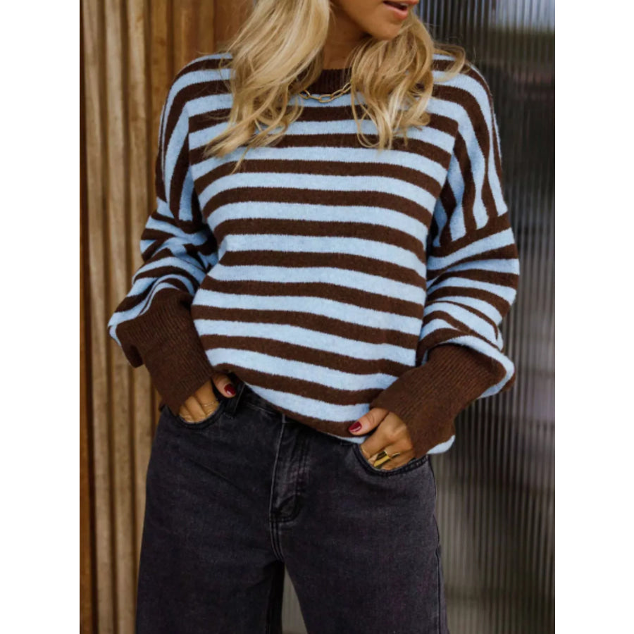 Striped Crew Neck Sweater Coffee Spelled Blue / S Apparel and Accessories