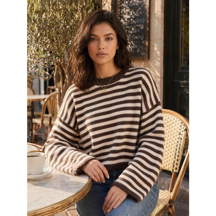 Striped Crew Neck Sweater Dark Brown / S Apparel and Accessories