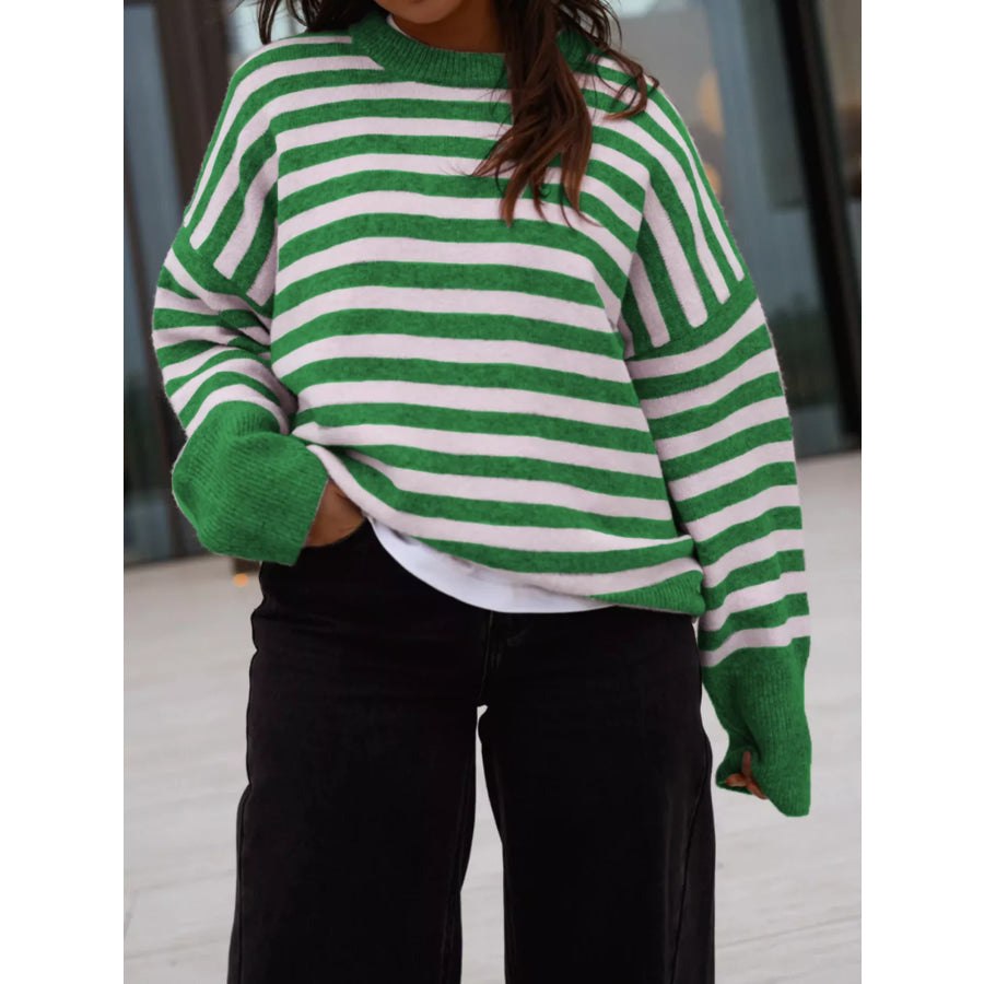 Striped Crew Neck Sweater Green And White Apricot / S Apparel and Accessories