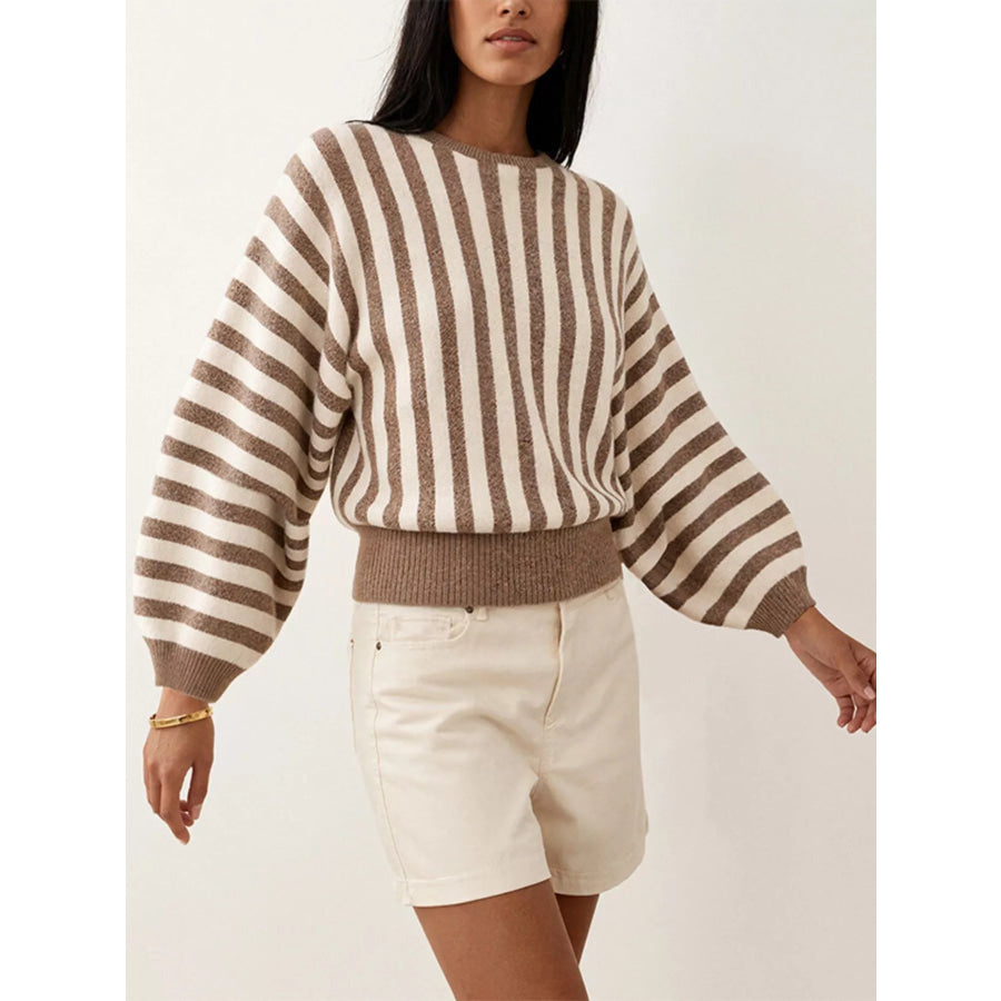 Striped Crew Neck Sweater Khaki / S Apparel and Accessories