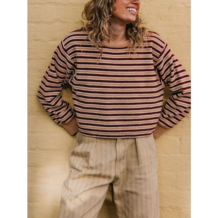 Striped Crew Neck Sweater Khaki / S Apparel and Accessories