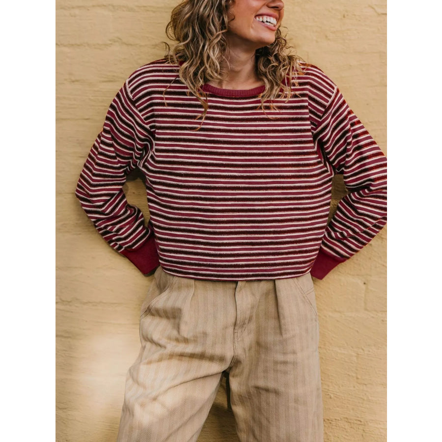 Striped Crew Neck Sweater Red / S Apparel and Accessories