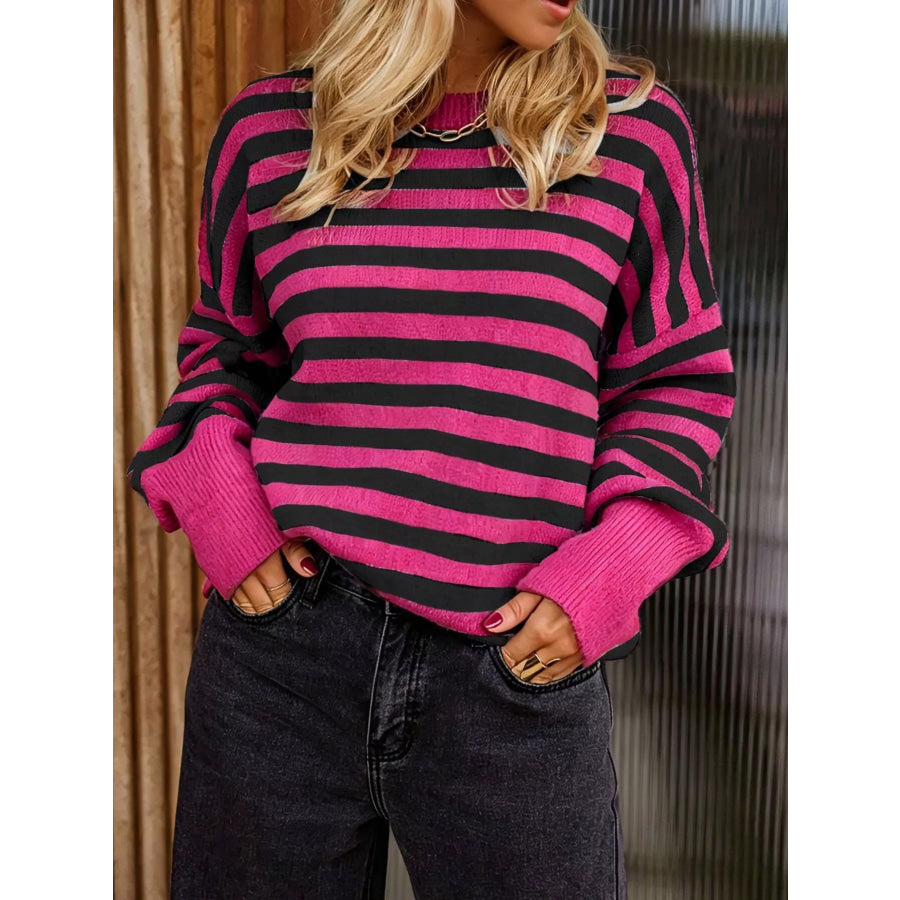 Striped Crew Neck Sweater Rose Red And Black / S Apparel and Accessories