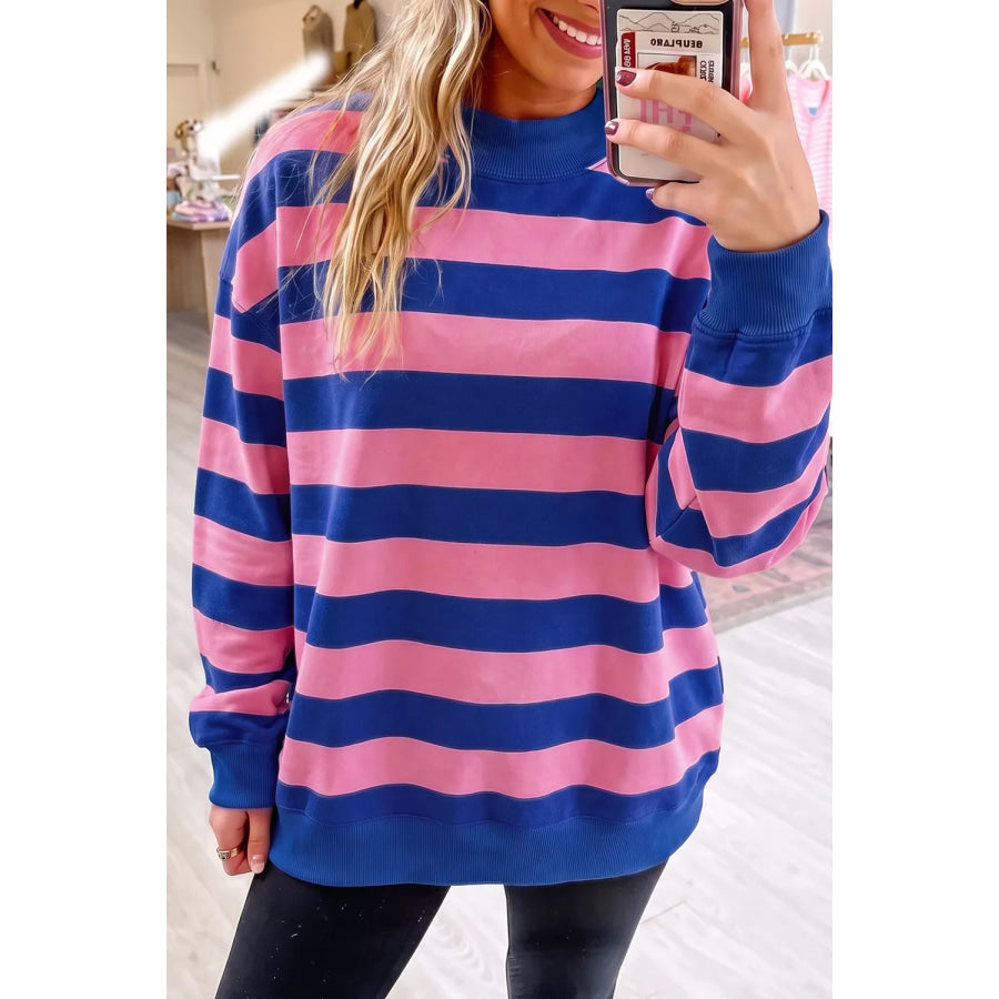 Striped Crew Neck Sweatshirt Hot Pink / S Apparel and Accessories