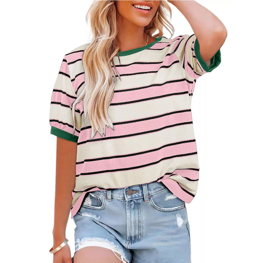 Striped Crew Neck T-Shirt Light Pink / S