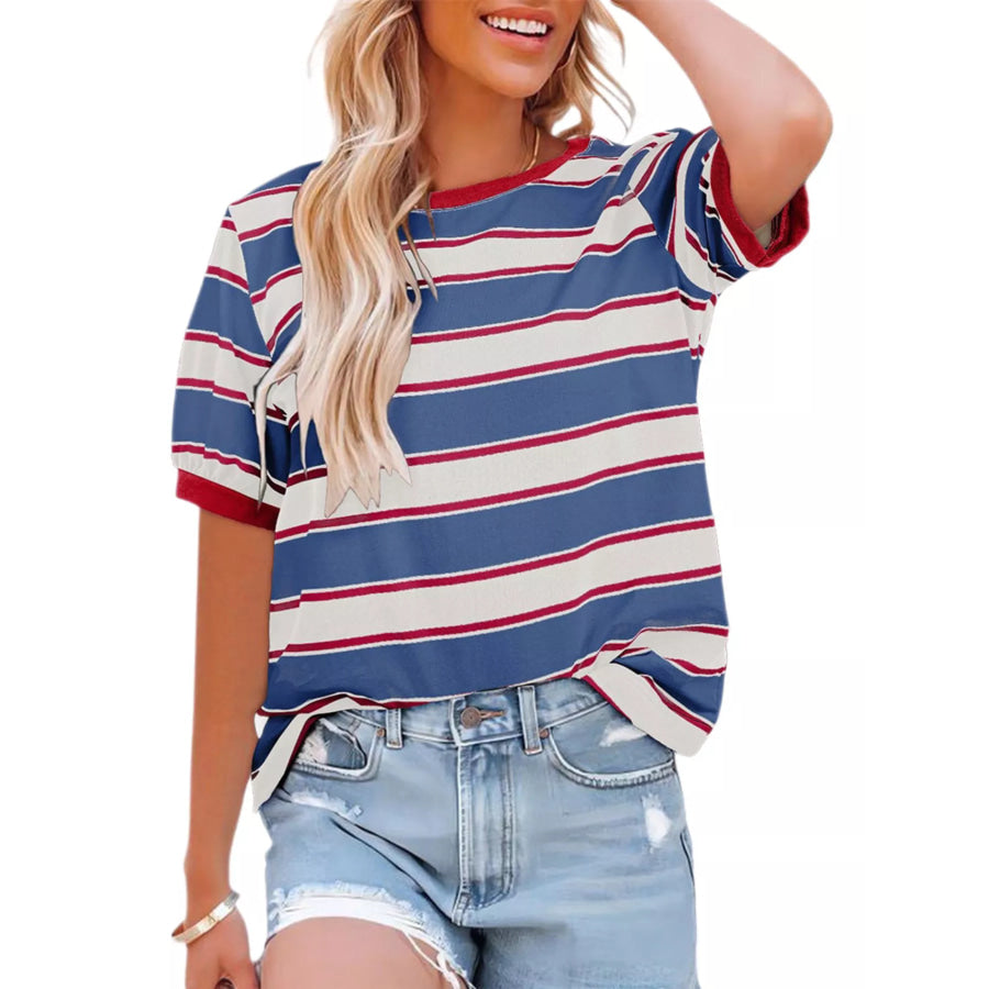 Striped Crew Neck T-Shirt Navy Blue / S