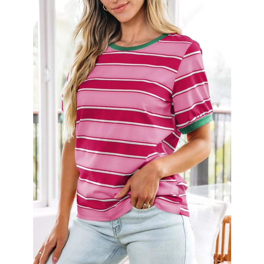 Striped Crew Neck T-Shirt Rose Red / S