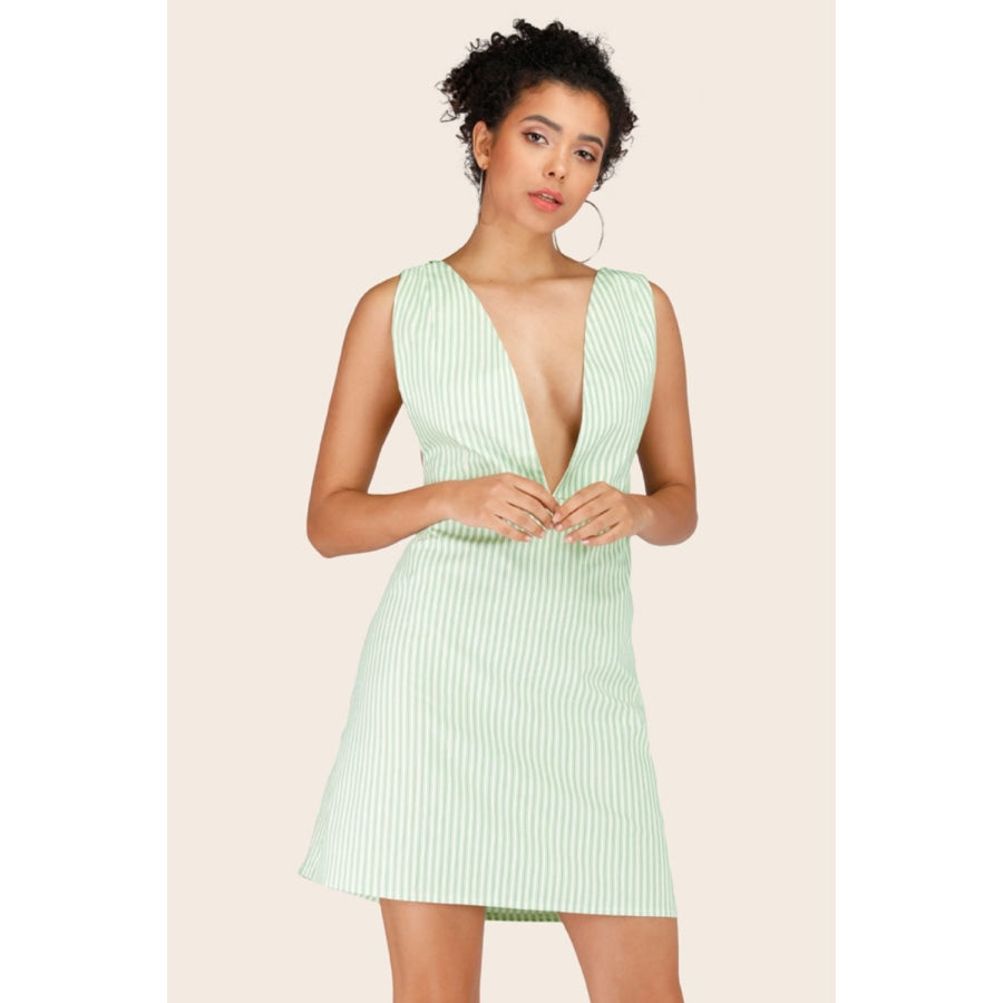 Striped Crisscross Deep V Sleeveless Dress Light Green / S