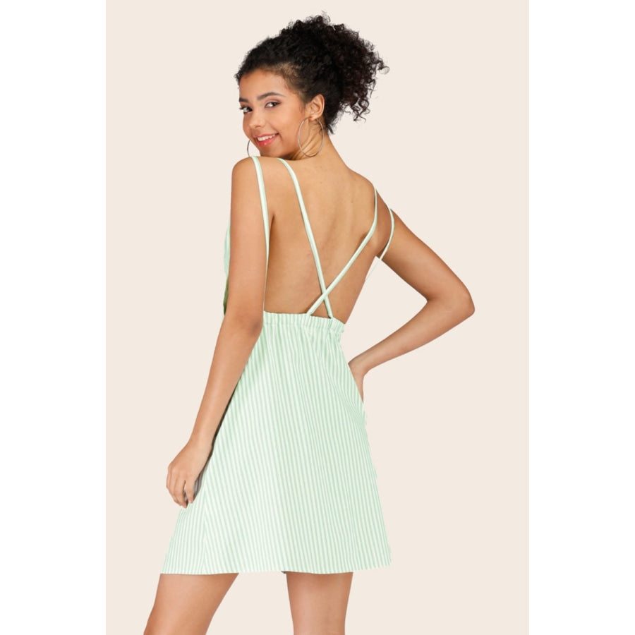 Striped Crisscross Deep V Sleeveless Dress