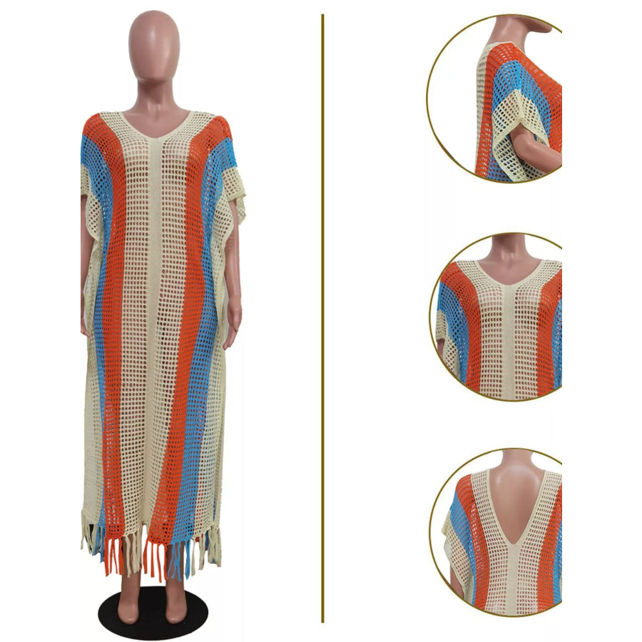 Striped Crochet Cover-Up Dress with Fringe Apparel and Accessories