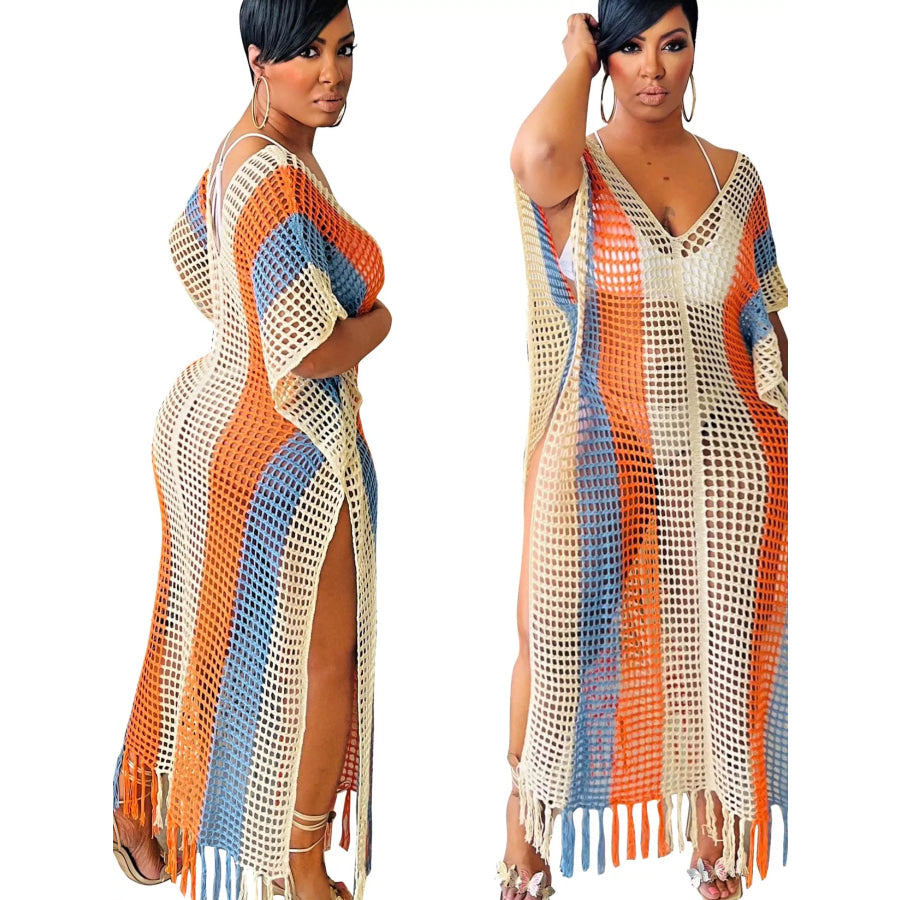 Striped Crochet Cover-Up Dress with Fringe Apparel and Accessories