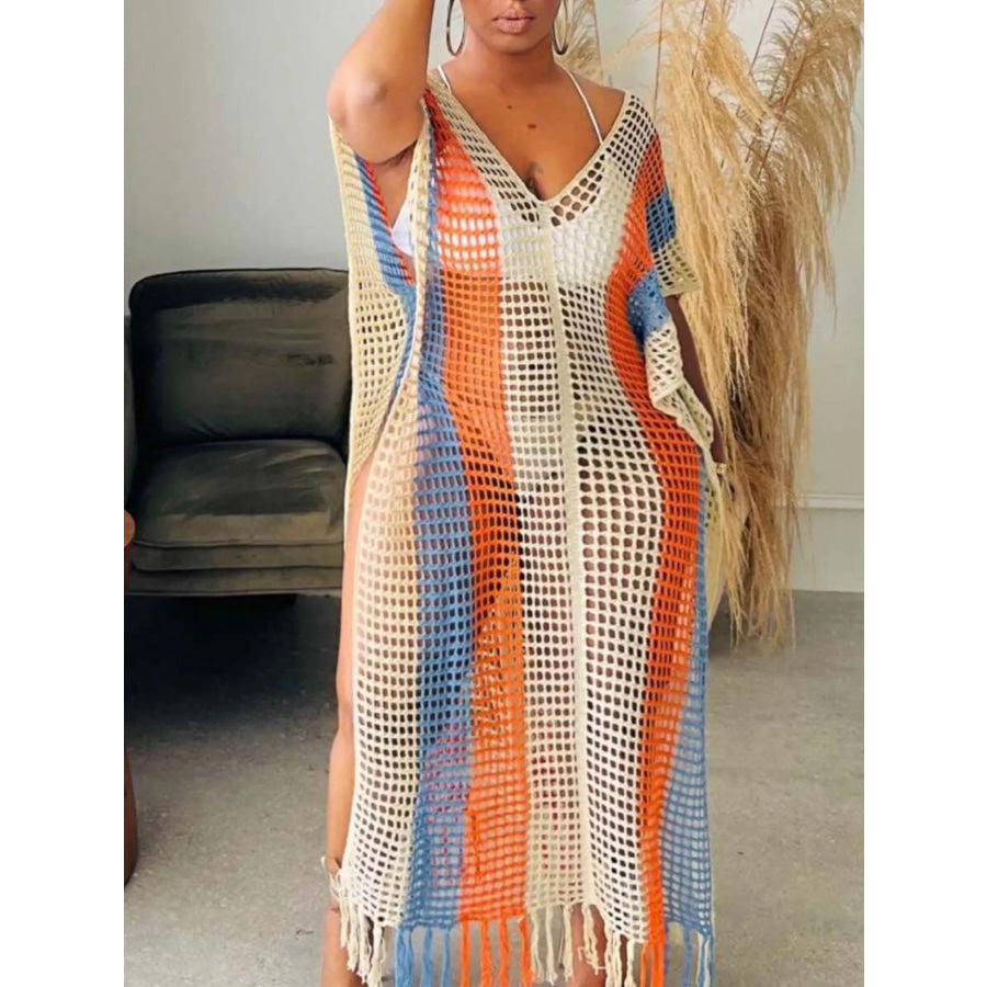 Striped Crochet Cover-Up Dress with Fringe Sherbet / S Apparel and Accessories