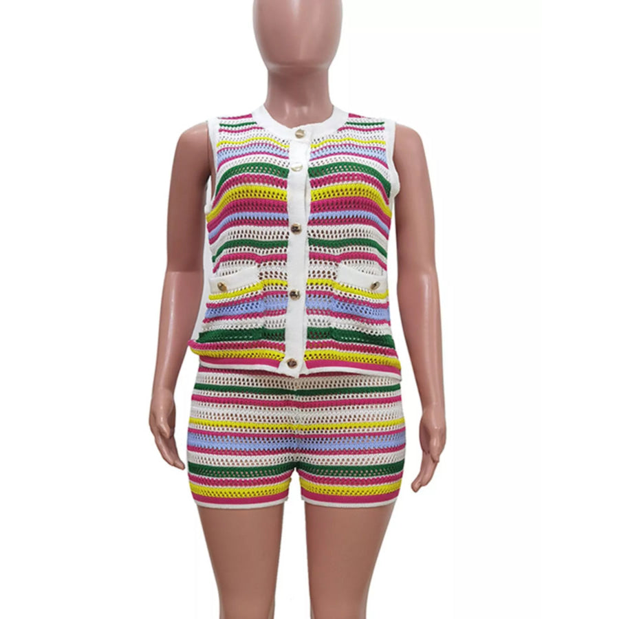 Striped Crochet Knit Top and Shorts Set Apparel and Accessories