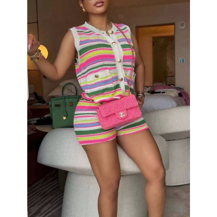 Striped Crochet Knit Top and Shorts Set Apparel and Accessories