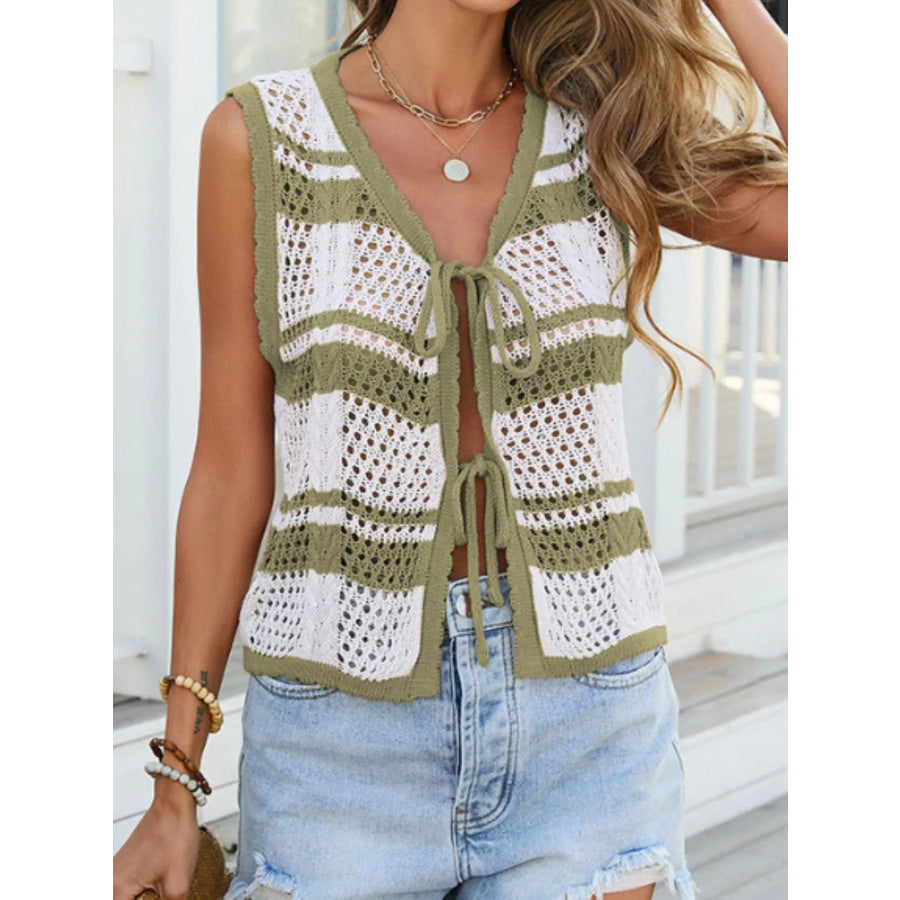 Striped Crochet Tie-Front Cardigan Apparel and Accessories