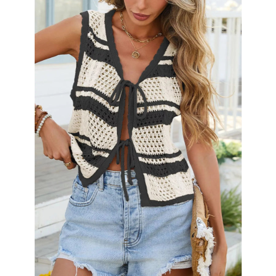 Striped Crochet Tie-Front Cardigan Apparel and Accessories