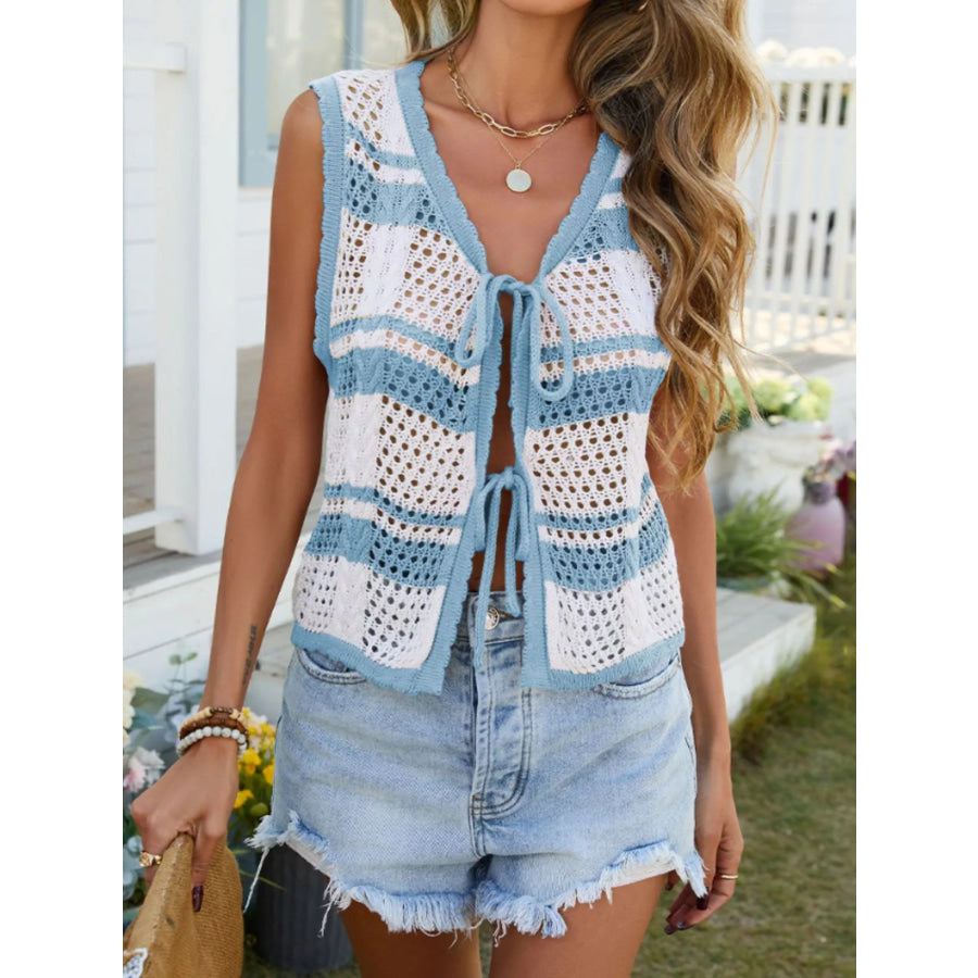 Striped Crochet Tie-Front Cardigan Apparel and Accessories
