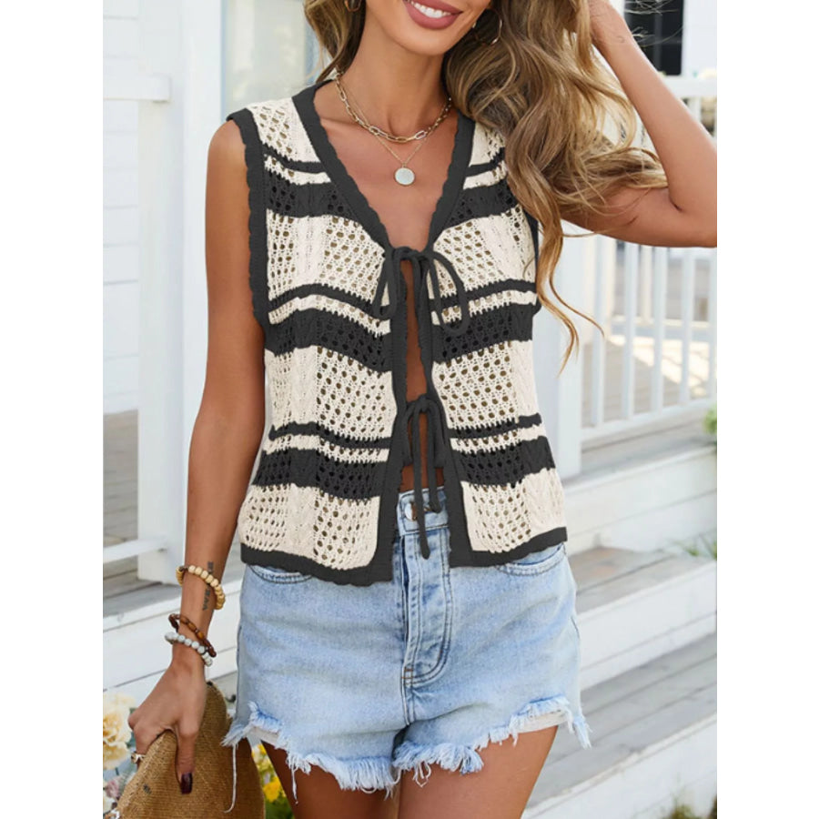 Striped Crochet Tie-Front Cardigan Apparel and Accessories