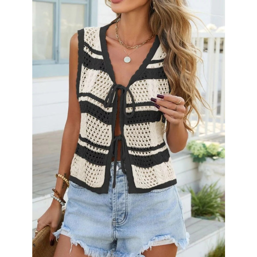Striped Crochet Tie-Front Cardigan Brown / S Apparel and Accessories