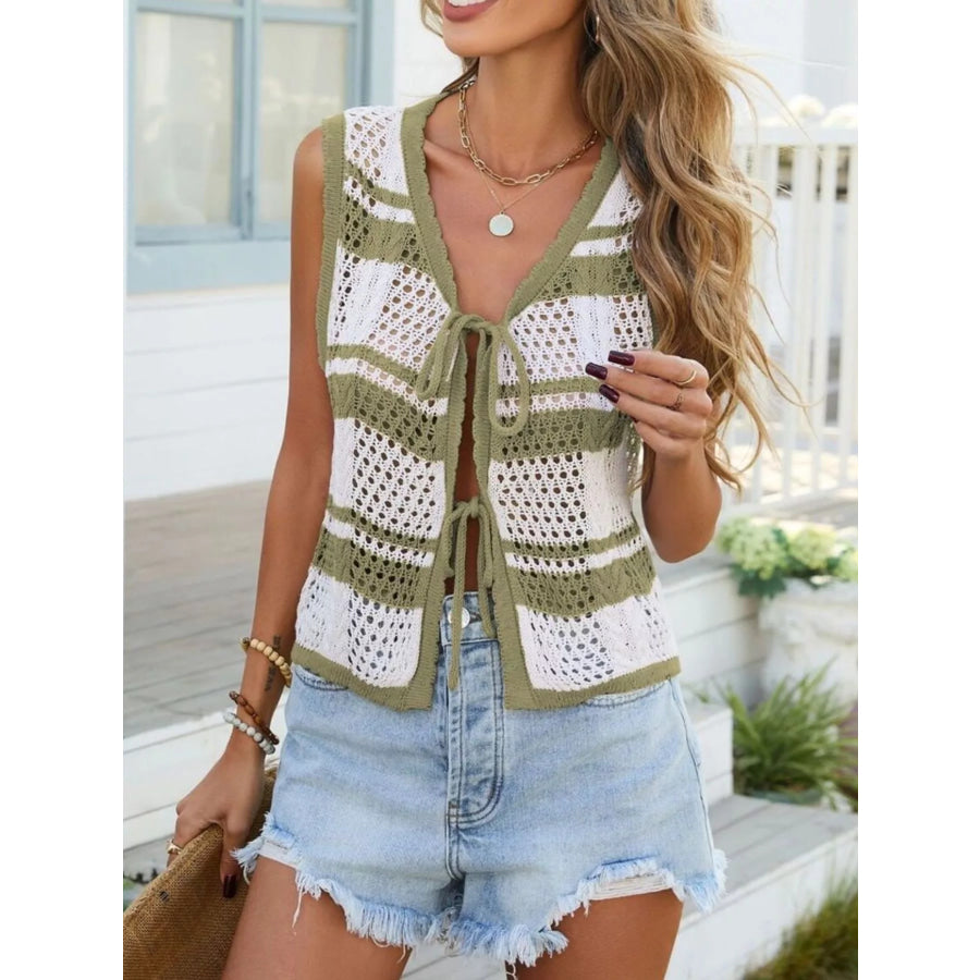 Striped Crochet Tie-Front Cardigan Green / S Apparel and Accessories
