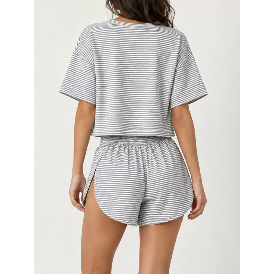 Striped Crop Top and High-Waisted Shorts Lounge Set Light Gray / S Apparel Accessories