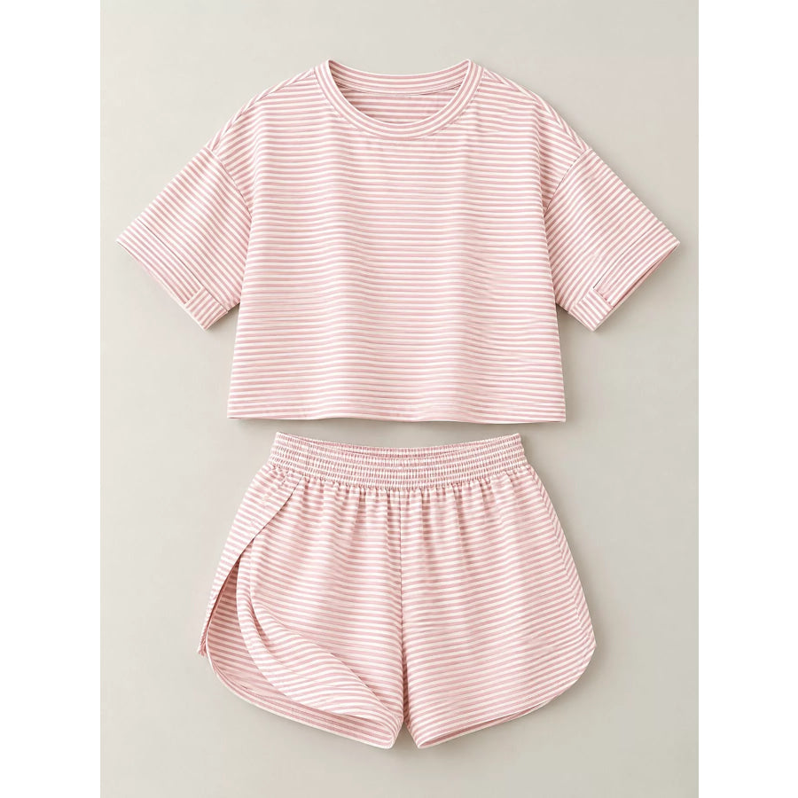 Striped Crop Top and High-Waisted Shorts Lounge Set Apparel Accessories