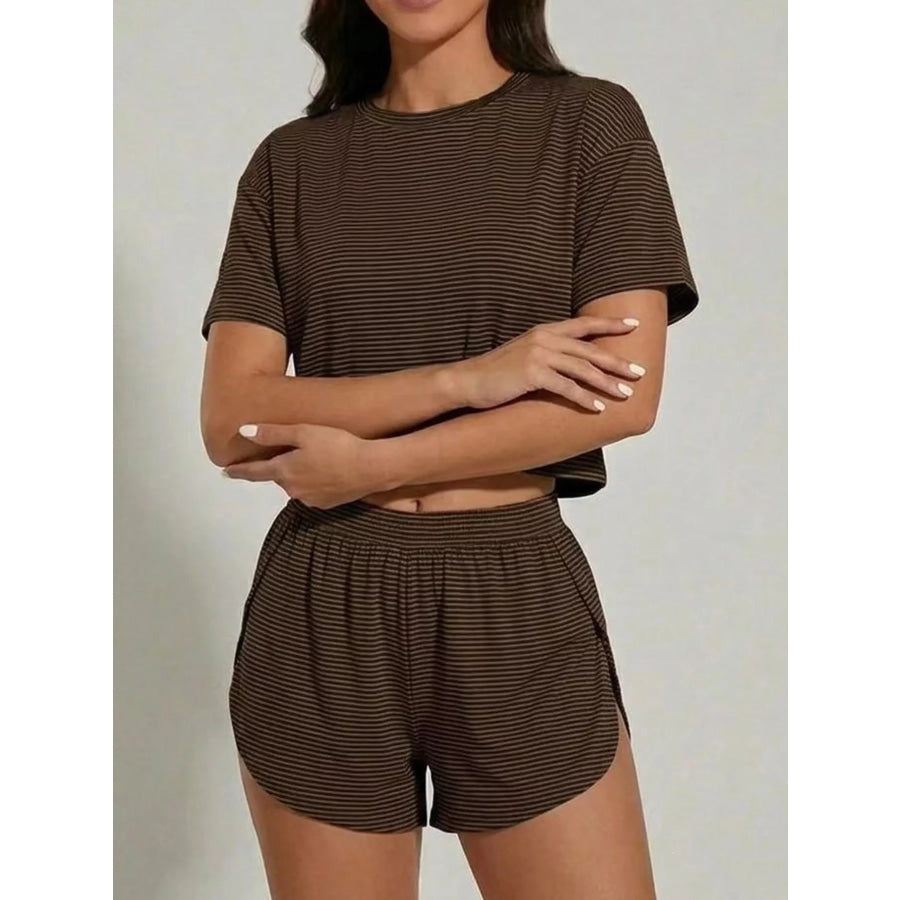 Striped Crop Top and High-Waisted Shorts Lounge Set Coffee / S Apparel Accessories