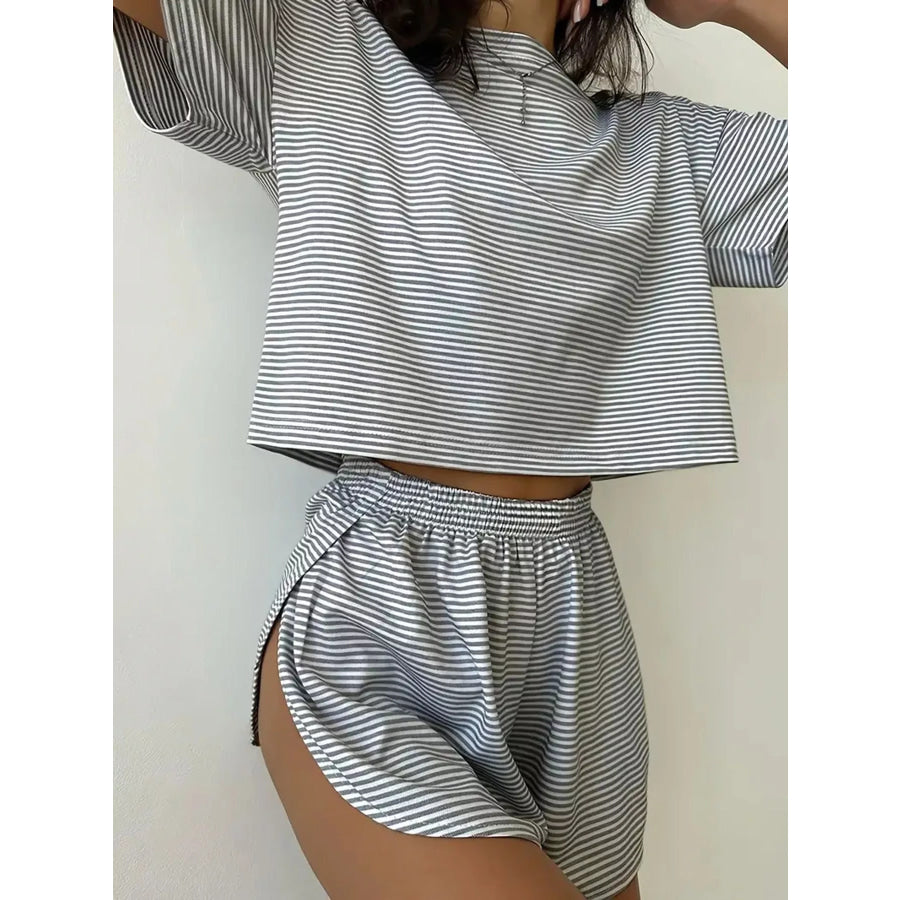 Striped Crop Top and High-Waisted Shorts Lounge Set Dark Gray / S Apparel Accessories