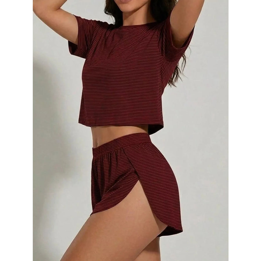 Striped Crop Top and High-Waisted Shorts Lounge Set Dark Red / S Apparel Accessories