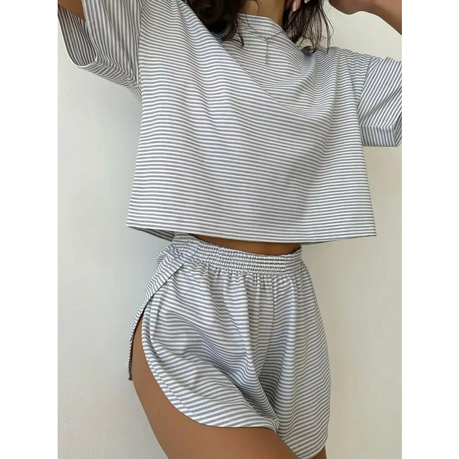 Striped Crop Top and High-Waisted Shorts Lounge Set Light Gray / S Apparel Accessories
