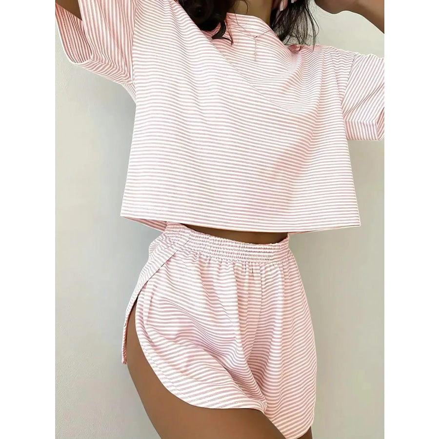 Striped Crop Top and High-Waisted Shorts Lounge Set Pink / S Apparel Accessories
