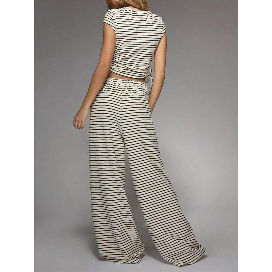Striped Crop Top and Wide Leg Pants Set Off-white / S Apparel and Accessories
