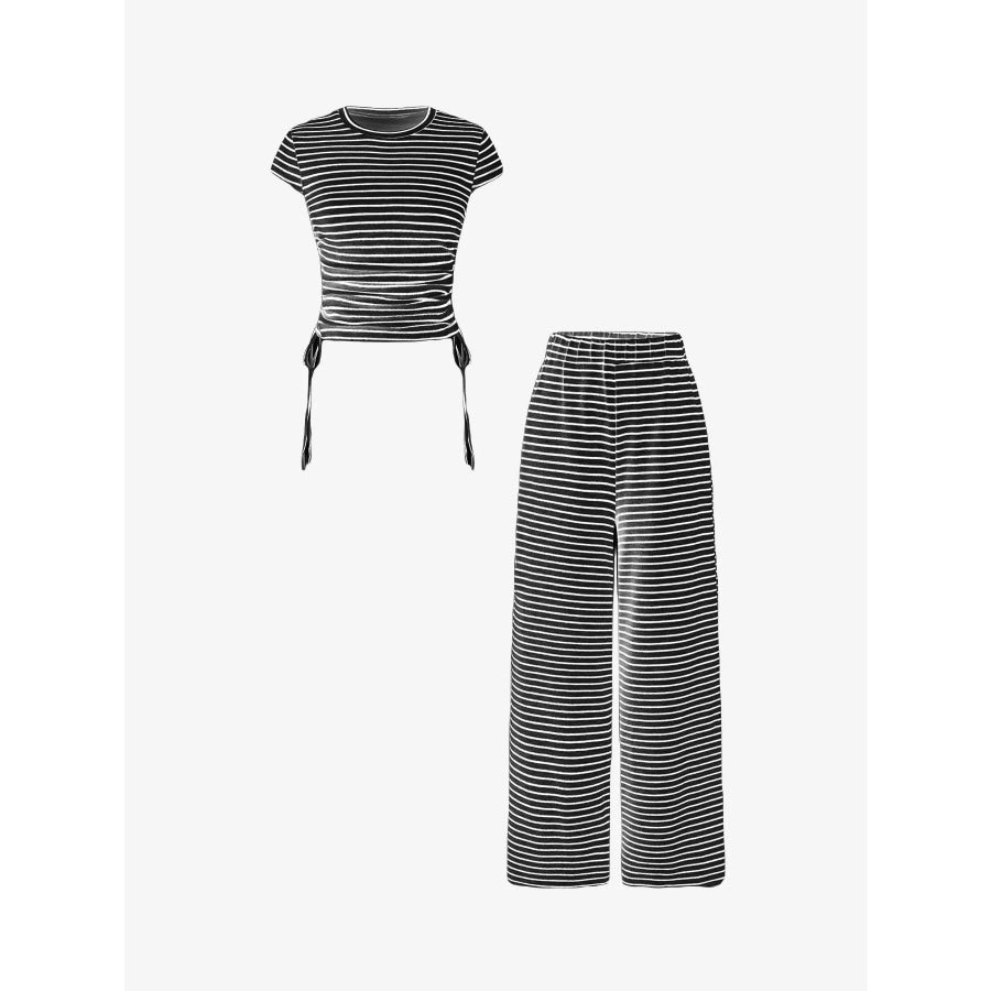 Striped Crop Top and Wide Leg Pants Set Black / S Apparel and Accessories
