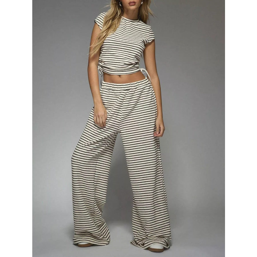 Striped Crop Top and Wide Leg Pants Set Off-white / S Apparel and Accessories