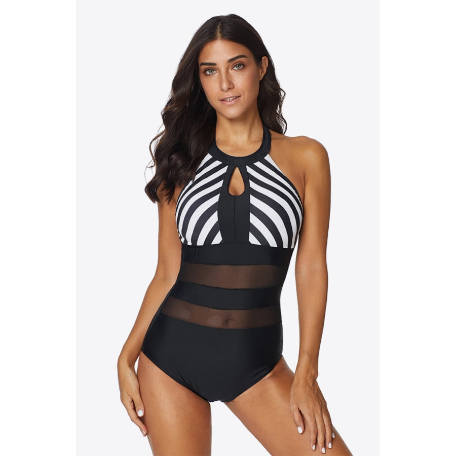 Striped Cutout Spliced Mesh Halter Neck One-Piece Swimsuit