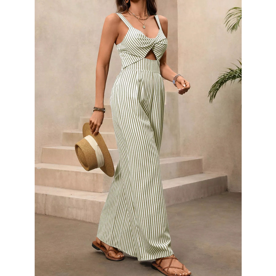 Striped Cutout Twist Front Wide Leg Jumpsuit Apparel and Accessories