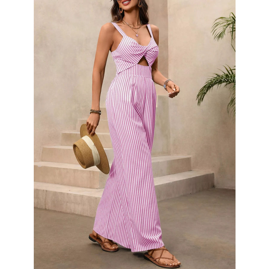 Striped Cutout Twist Front Wide Leg Jumpsuit Apparel and Accessories